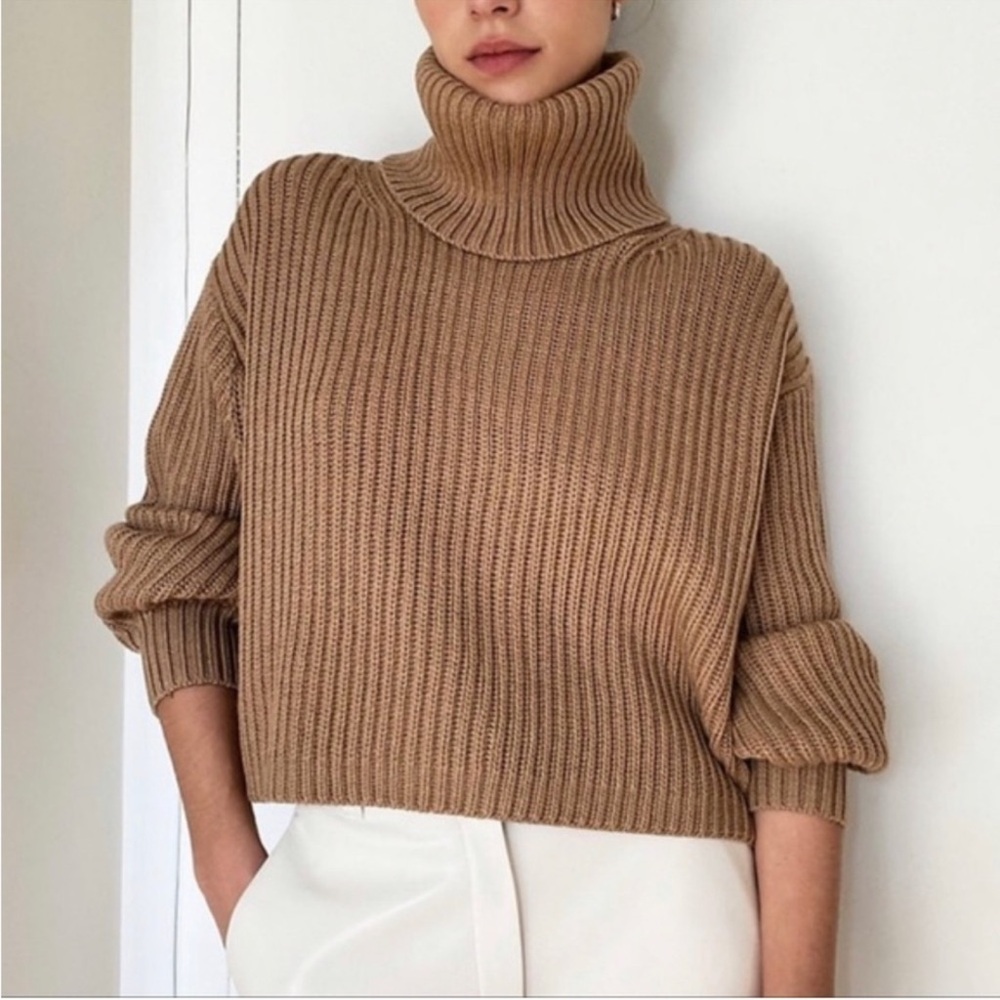 Babaton Ribbed Tan Turtleneck Sweater
